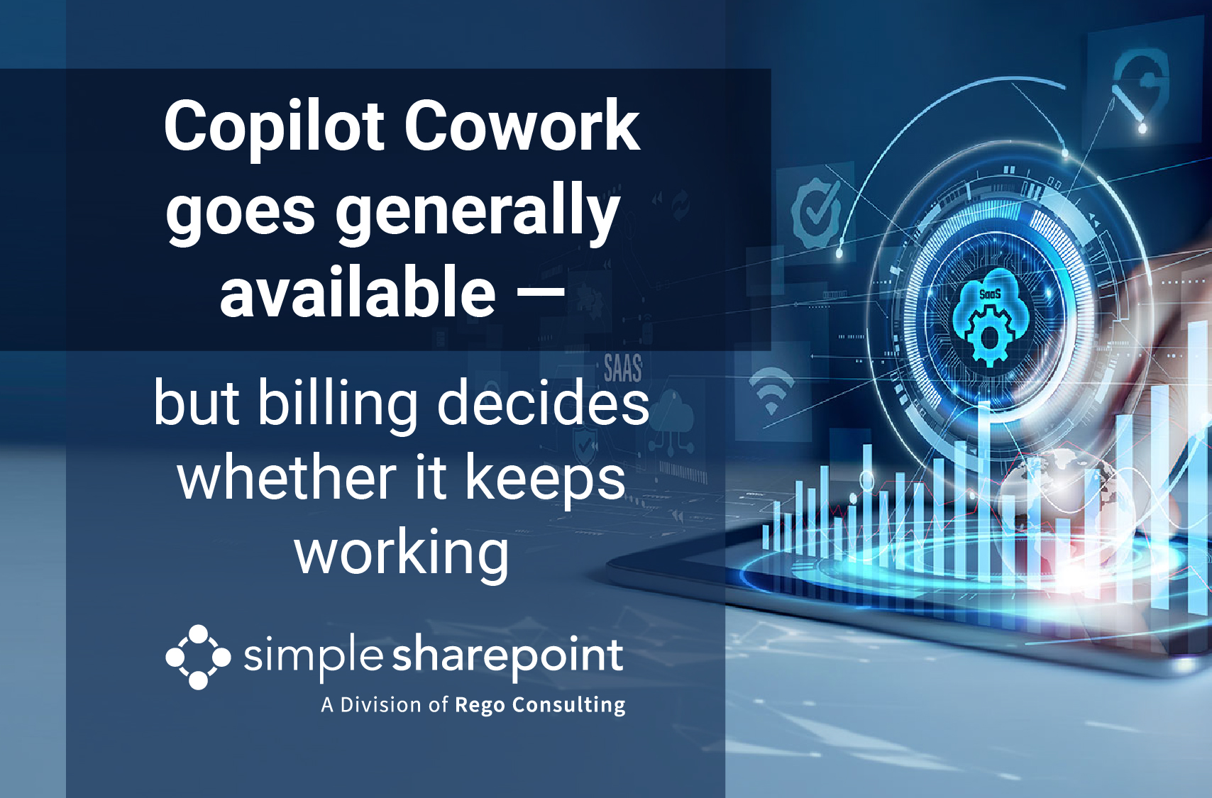 Graphic with text: Copilot Cowork goes generally available — but billing decides whether it keeps working. Simple SharePoint, a division of Rego Consulting.