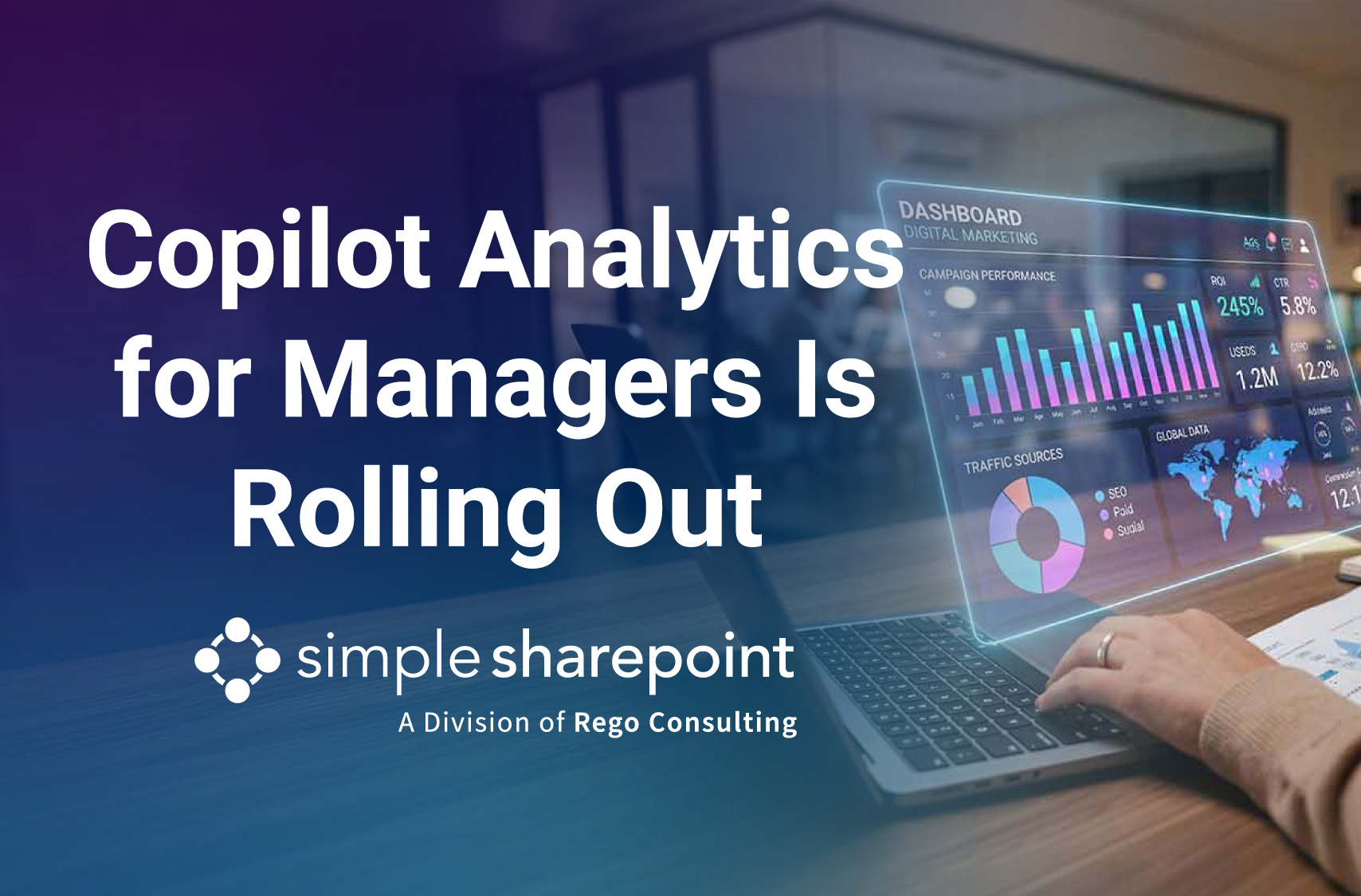 Graphic with text: Copilot Analytics for Managers Is Rolling Out. Simple SharePoint, a division of Rego Consulting.
