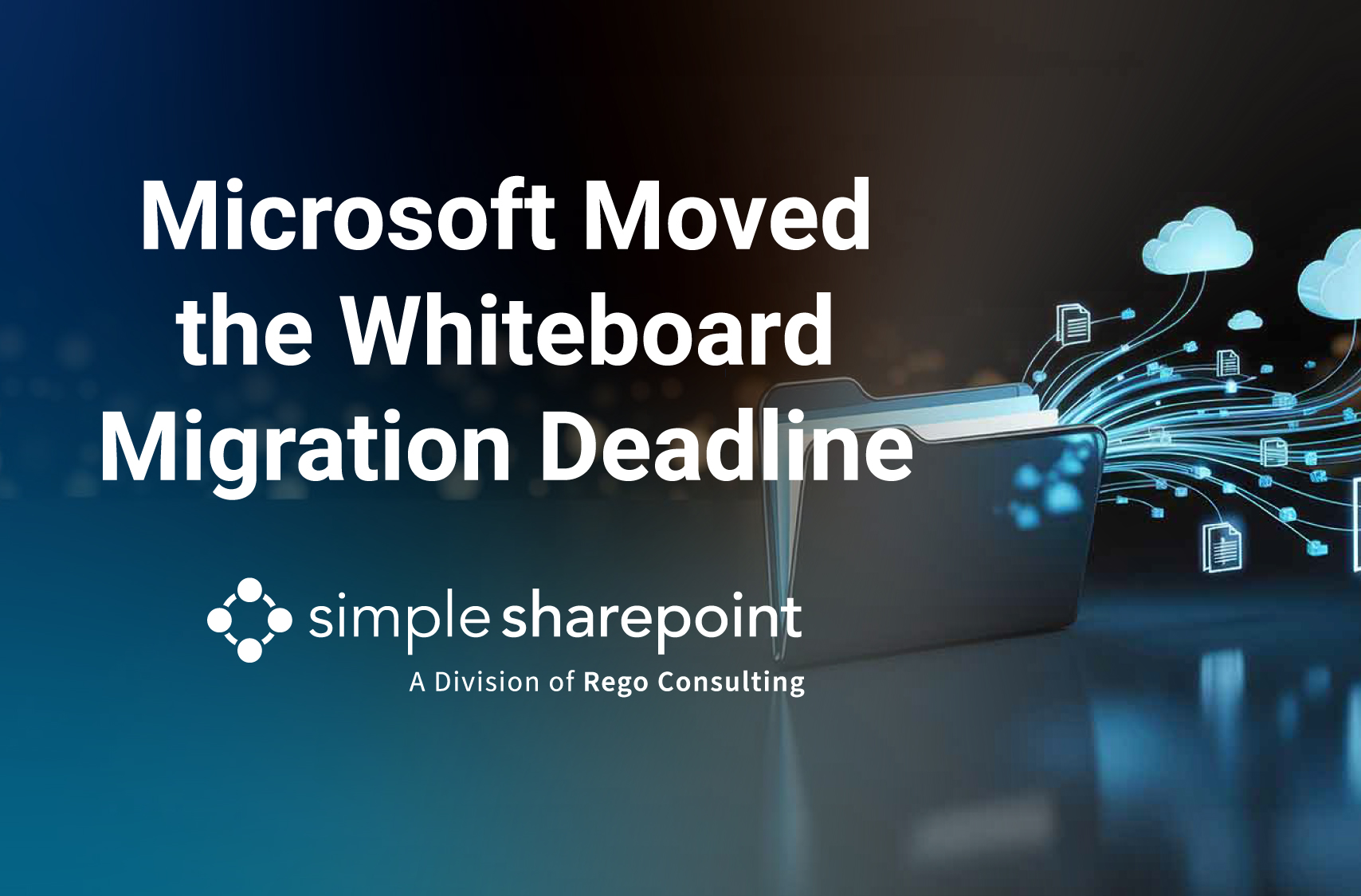 Graphic with text: Microsoft Moved the Whiteboard Migration Deadline. Simple SharePoint, a division of Rego Consulting.
