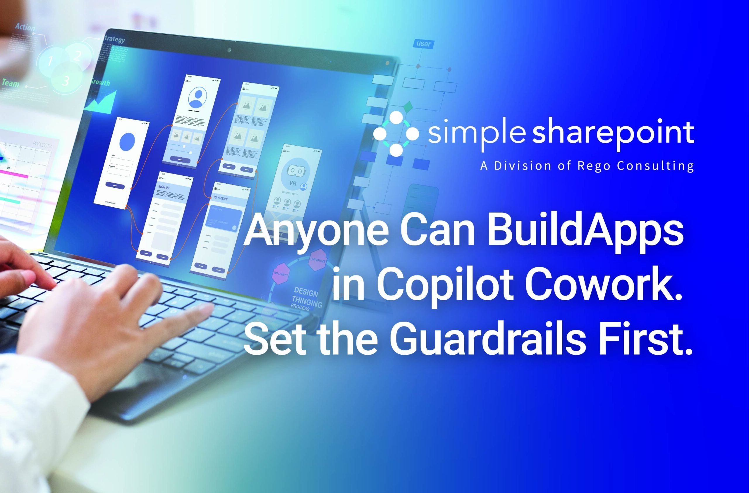 Graphic with text: Anyone Can Build Apps in Copilot Cowork. Set the Guardrails First. Simple SharePoint, a division of Rego Consulting.